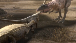 Sarcosuchus and Carcharodontosaurus fight over Paralititan